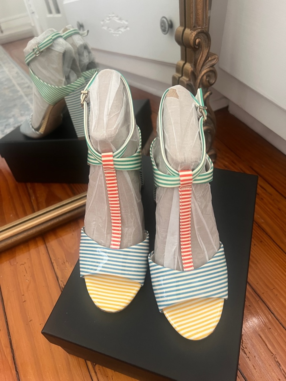 Striped Multicolor T-Strap Sandals - Women's
